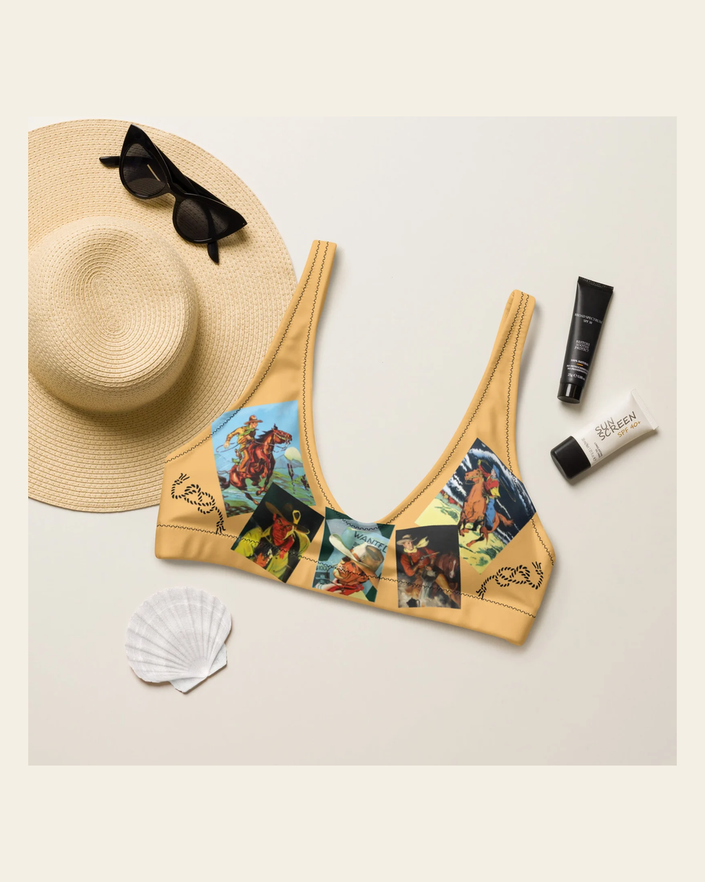 Baha Ranch Yeehaw Let's Be Cowboys Bikini Top on a warm cream background