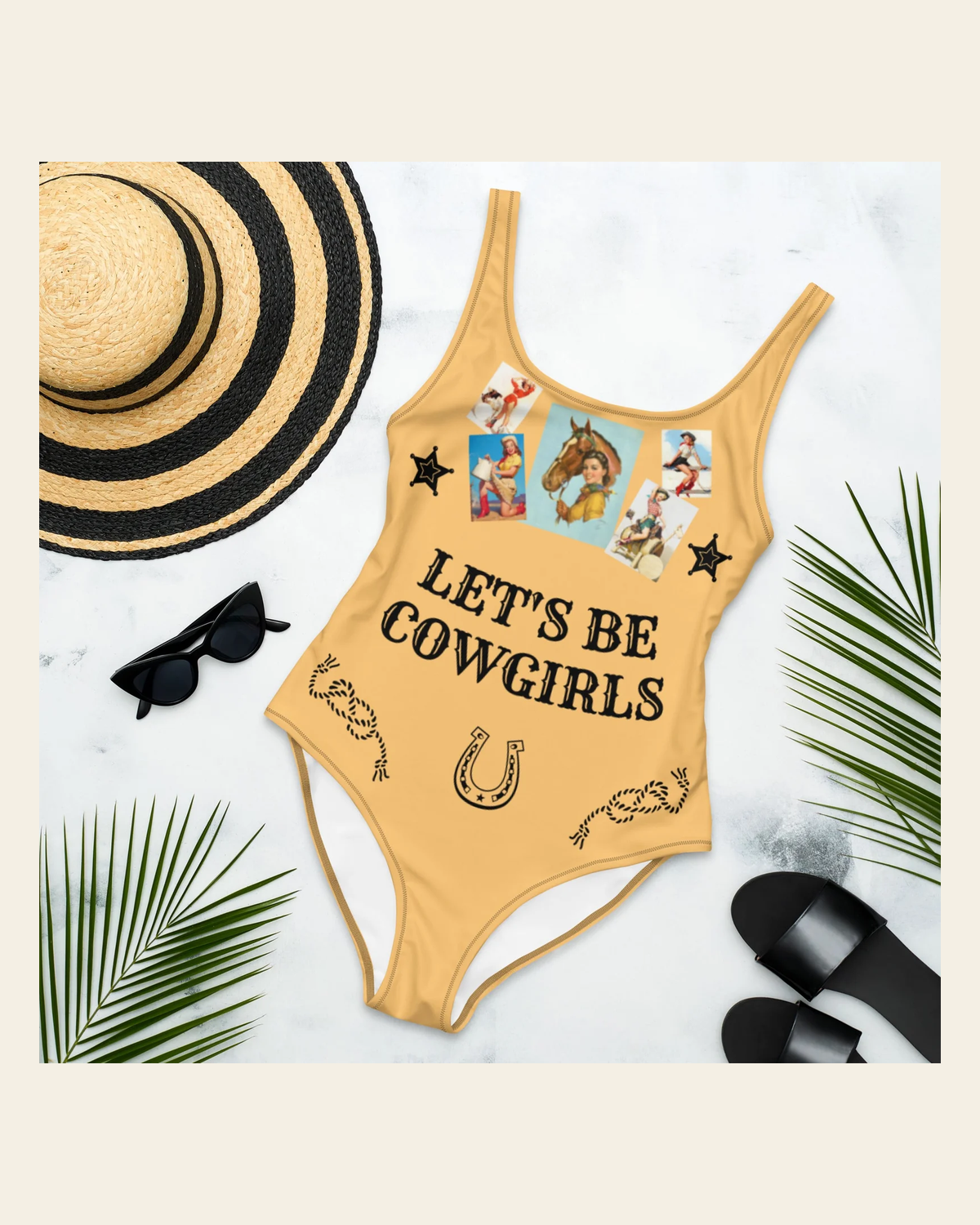 Baha Ranch Yeehaw Let's Be Cowgirls One Piece Swim Suit on a warm cream background
