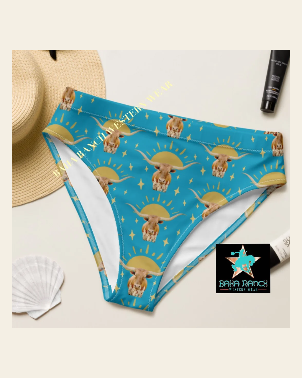 Baha Ranch Yeehaw Longhorn Sunshine Bikini Bottom on a warm cream background