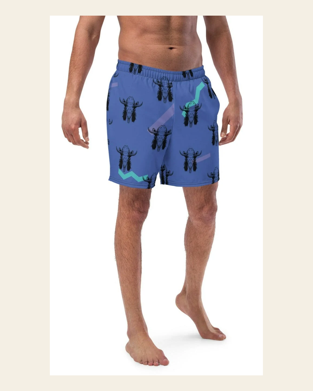 Baha Ranch Yeehaw Mullet Cowboy Men's Swim Trunks on a warm cream background