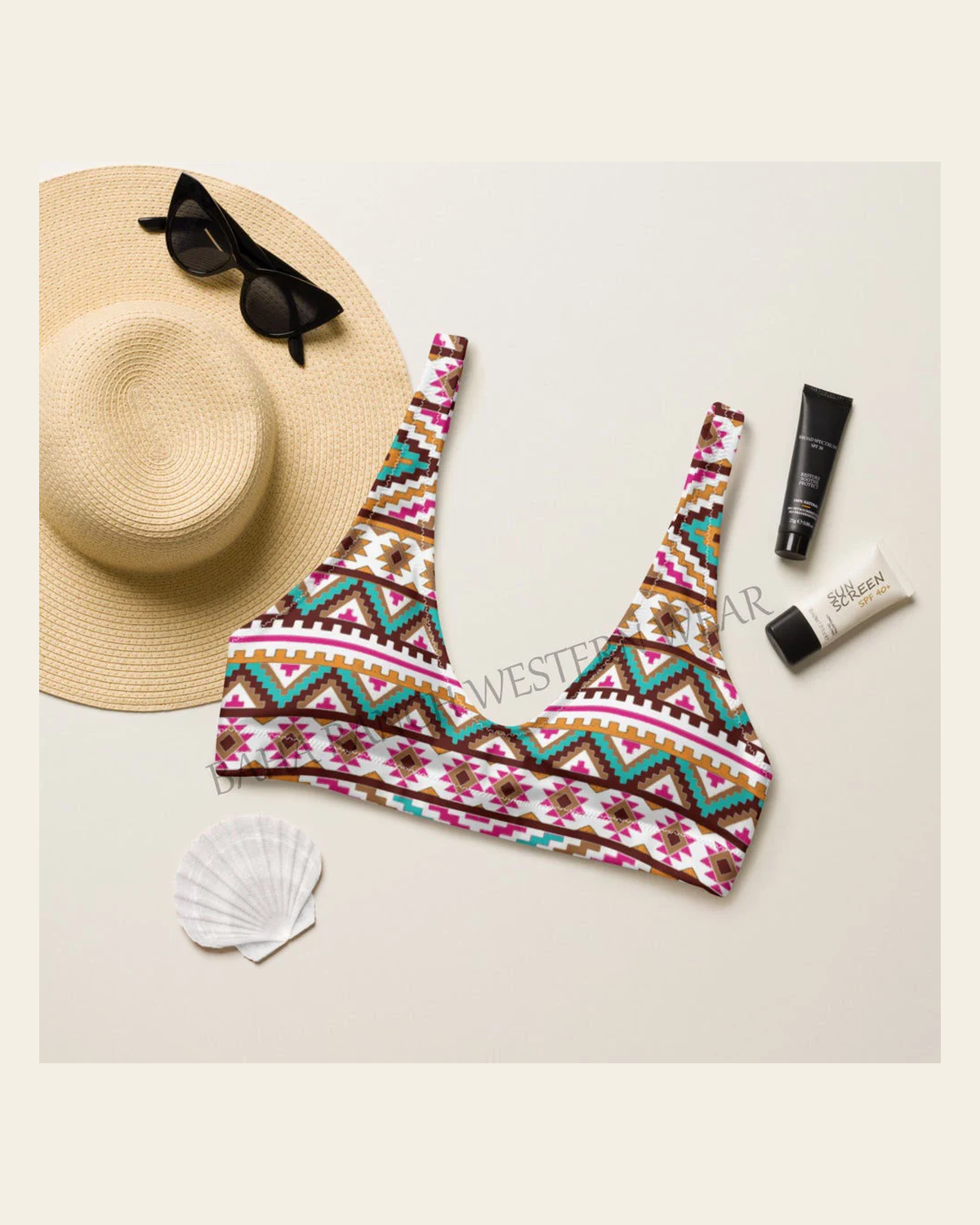 Baha Ranch Yeehaw Multi Aztec Bikini Top on a warm cream background