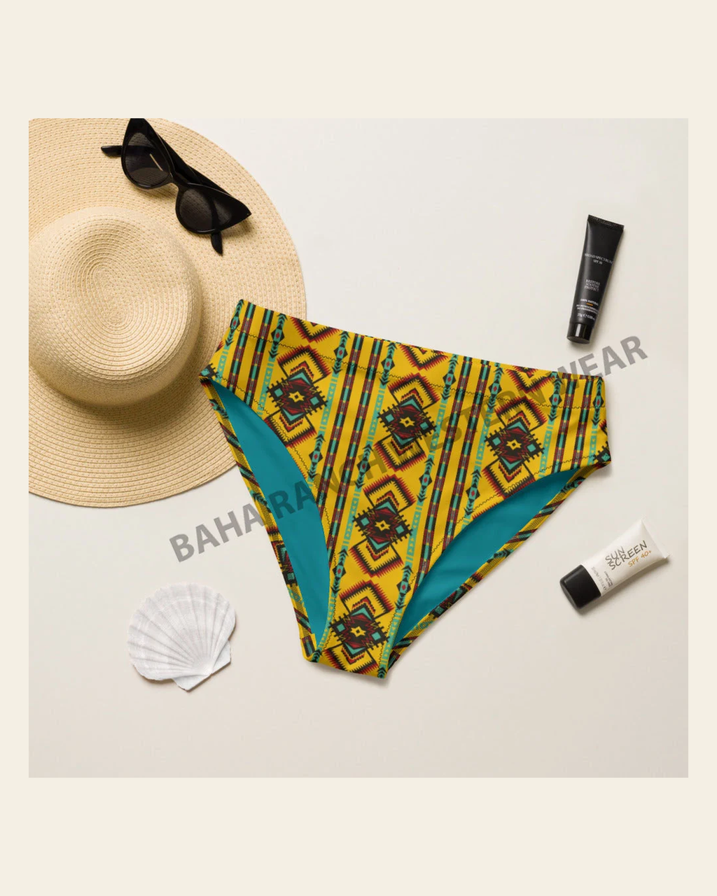 Baha Ranch Yeehaw Mustard Aztec Bikini Bottom on a warm cream background