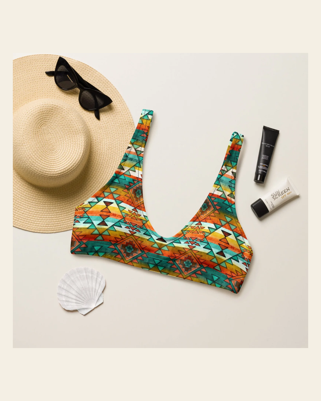 Baha Ranch Yeehaw Mustard Aztec Bikini Top on a warm cream background