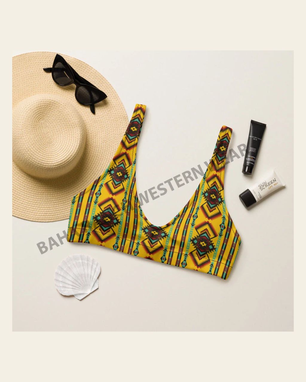 Baha Ranch Yeehaw Mustard Aztec Bikini Top on a warm cream background