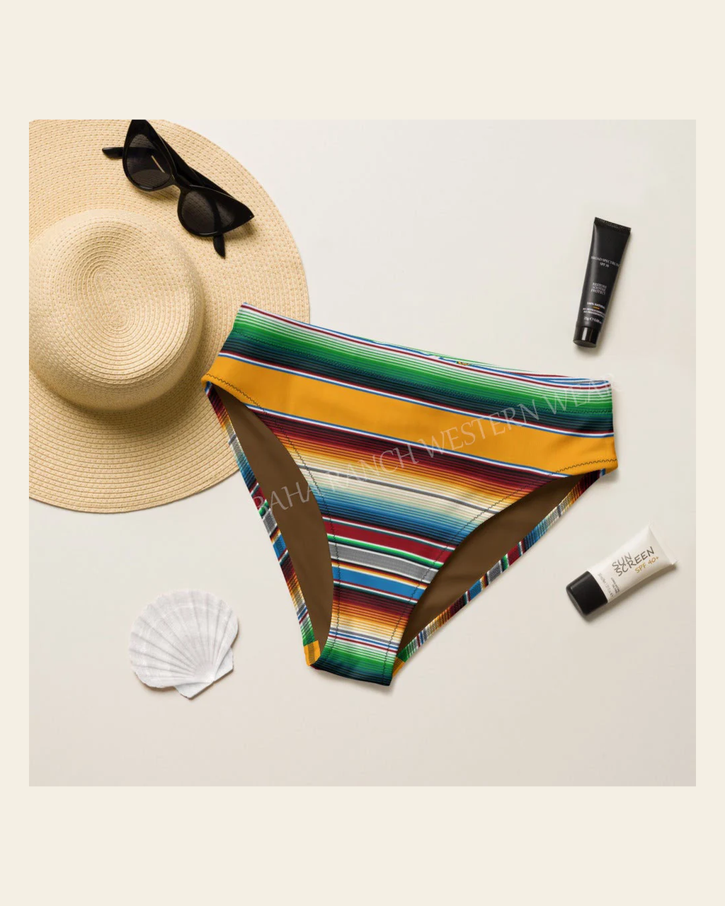 Baha Ranch Yeehaw Mustard Serape Bikini Bottom on a warm cream background