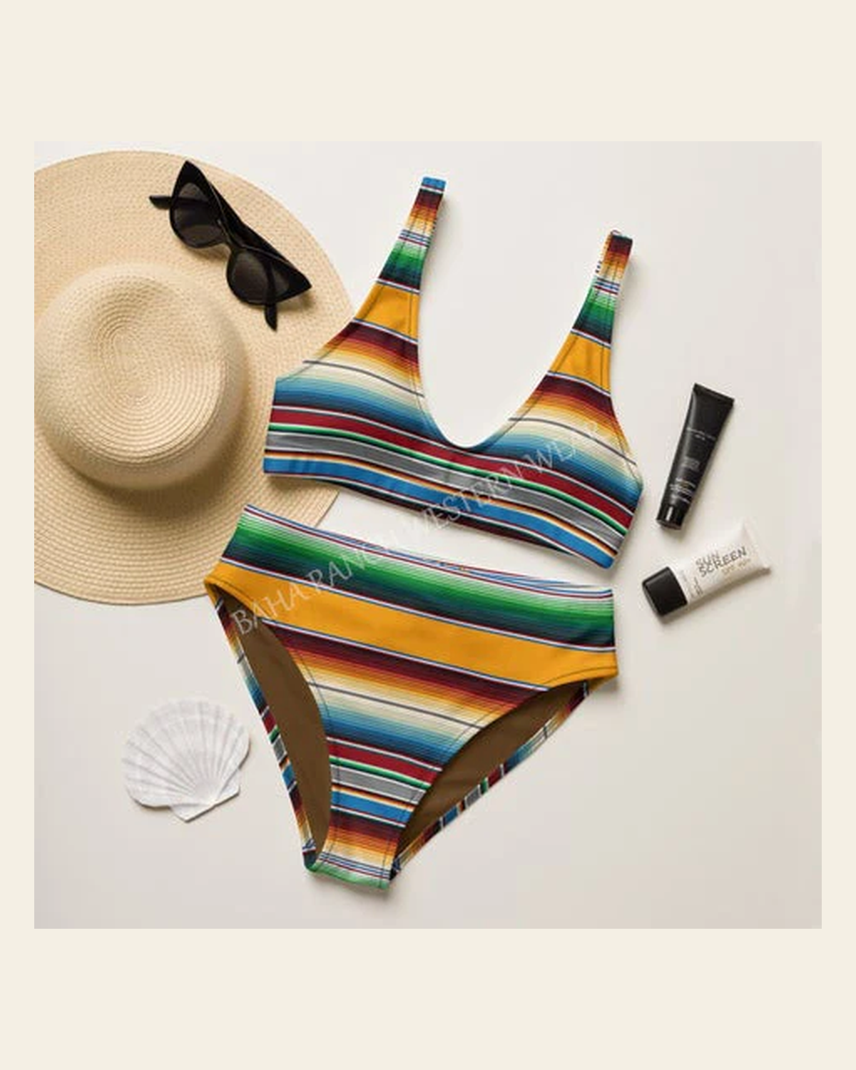 Baha Ranch Yeehaw Mustard Serape Bikini on a warm cream background