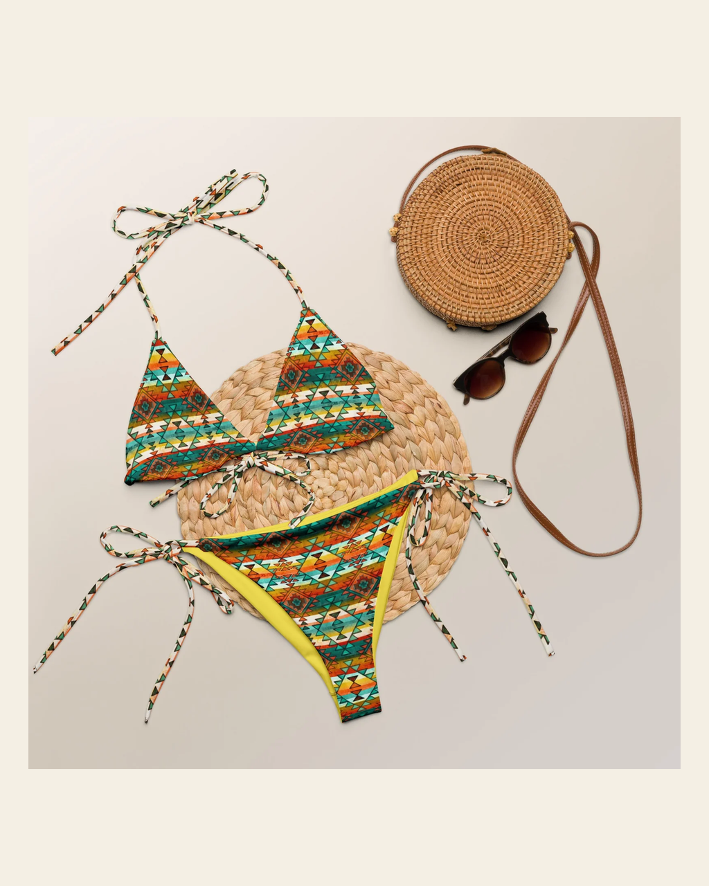 Baha Ranch Yeehaw Native Aztec String Bikini on a warm cream background