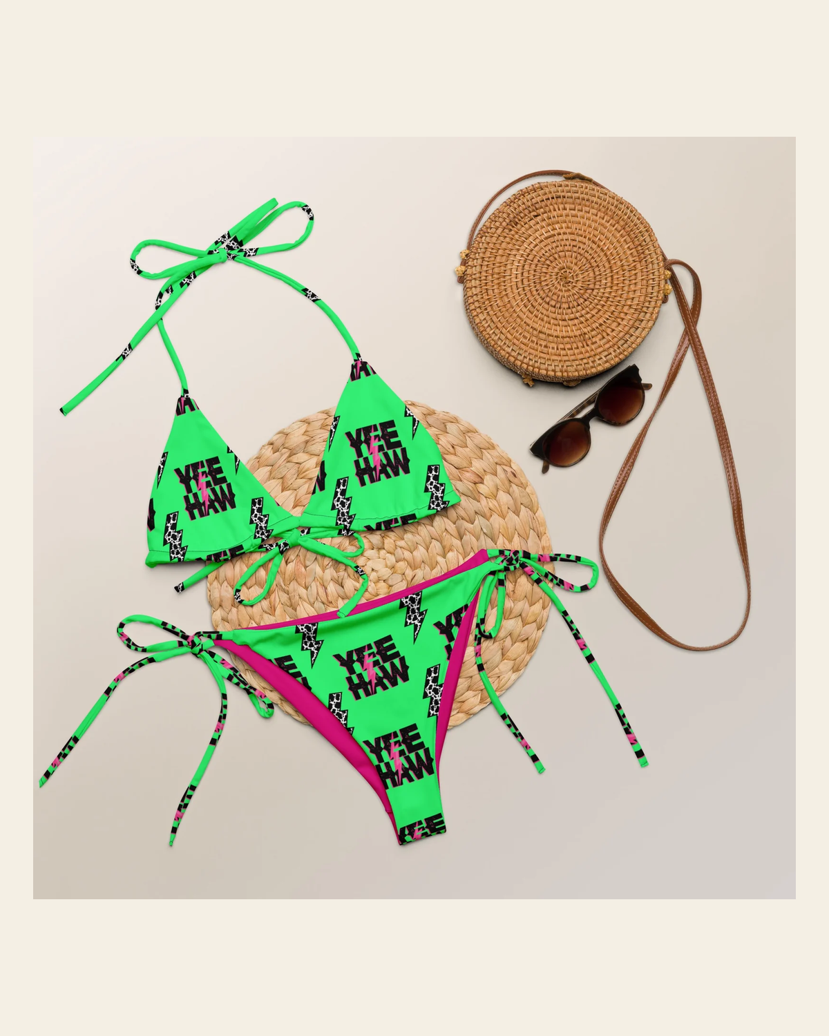 Baha Ranch Yeehaw Neon String Bikini on a warm cream background