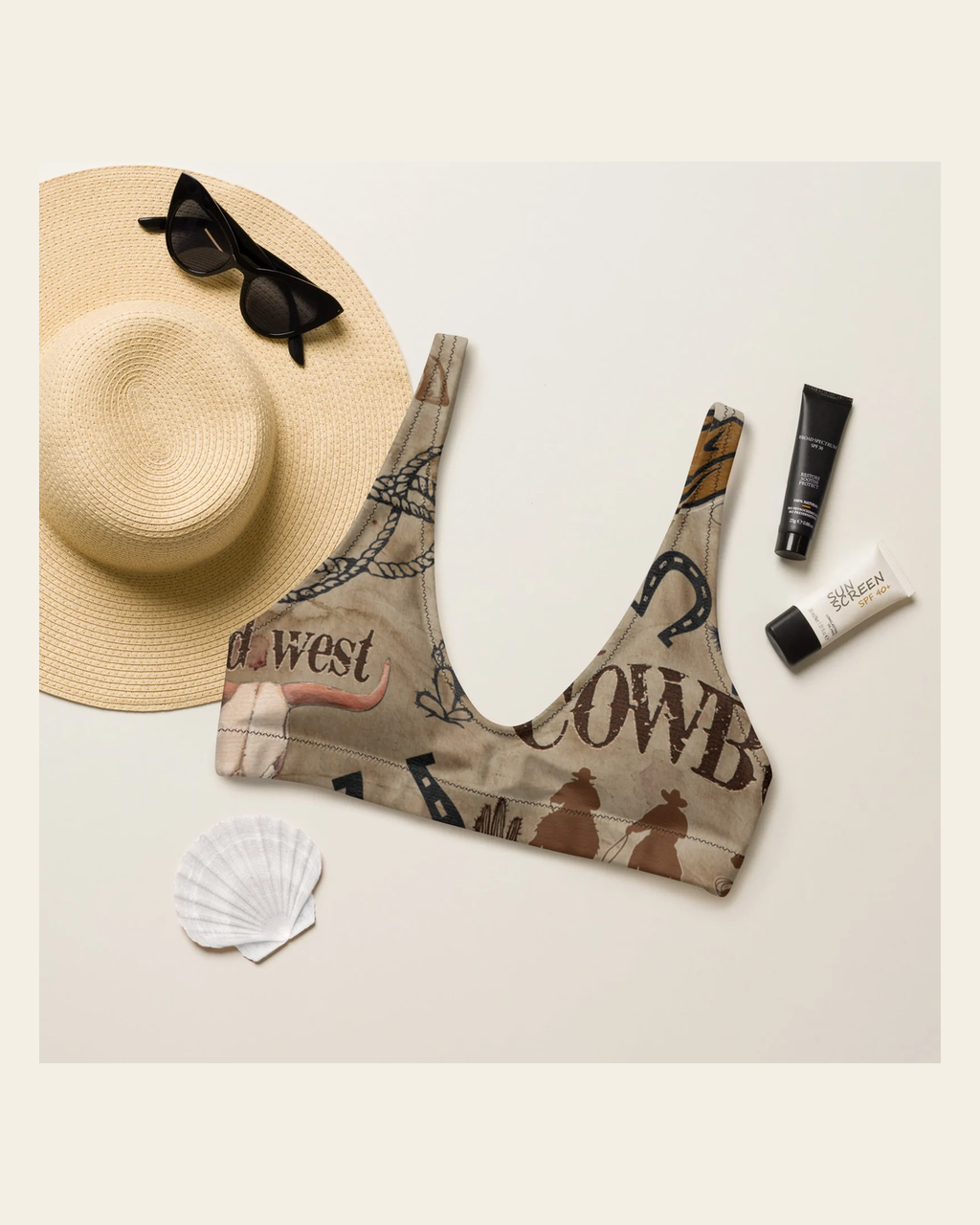 Baha Ranch Yeehaw Ol Cowboy Bikini Top on a warm cream background