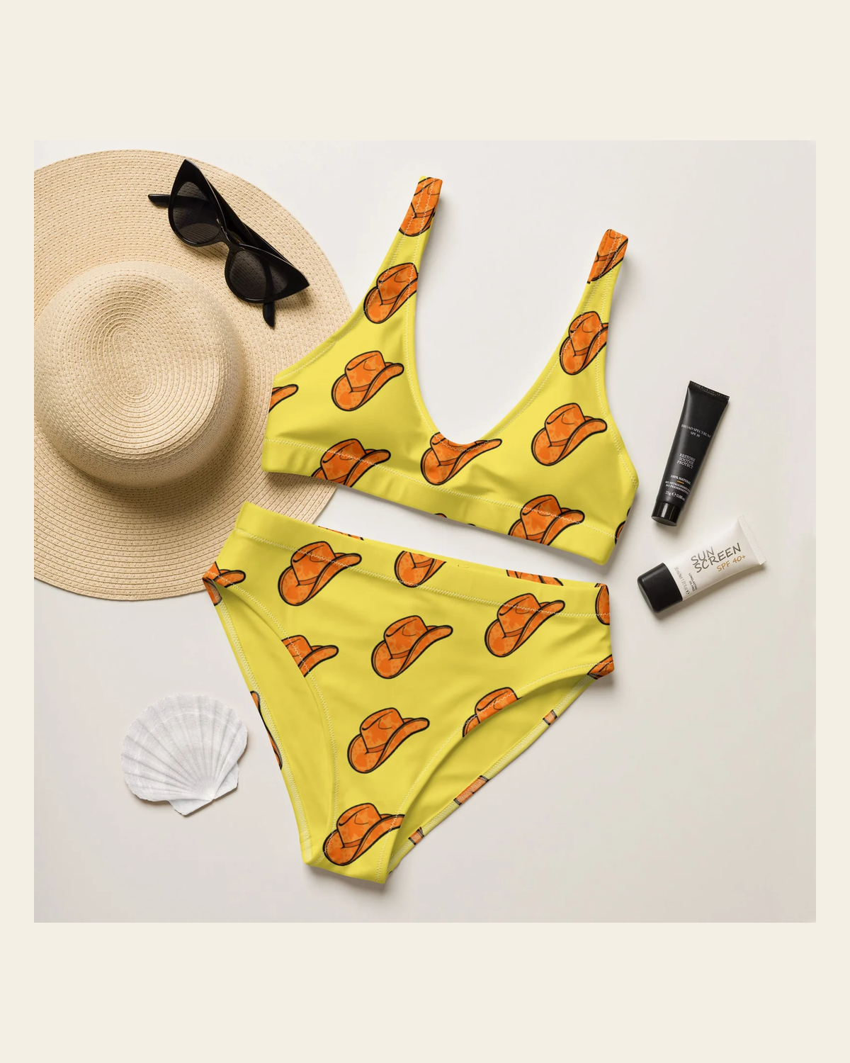 Baha Ranch Yeehaw Orange Hat Bikini on a warm cream background