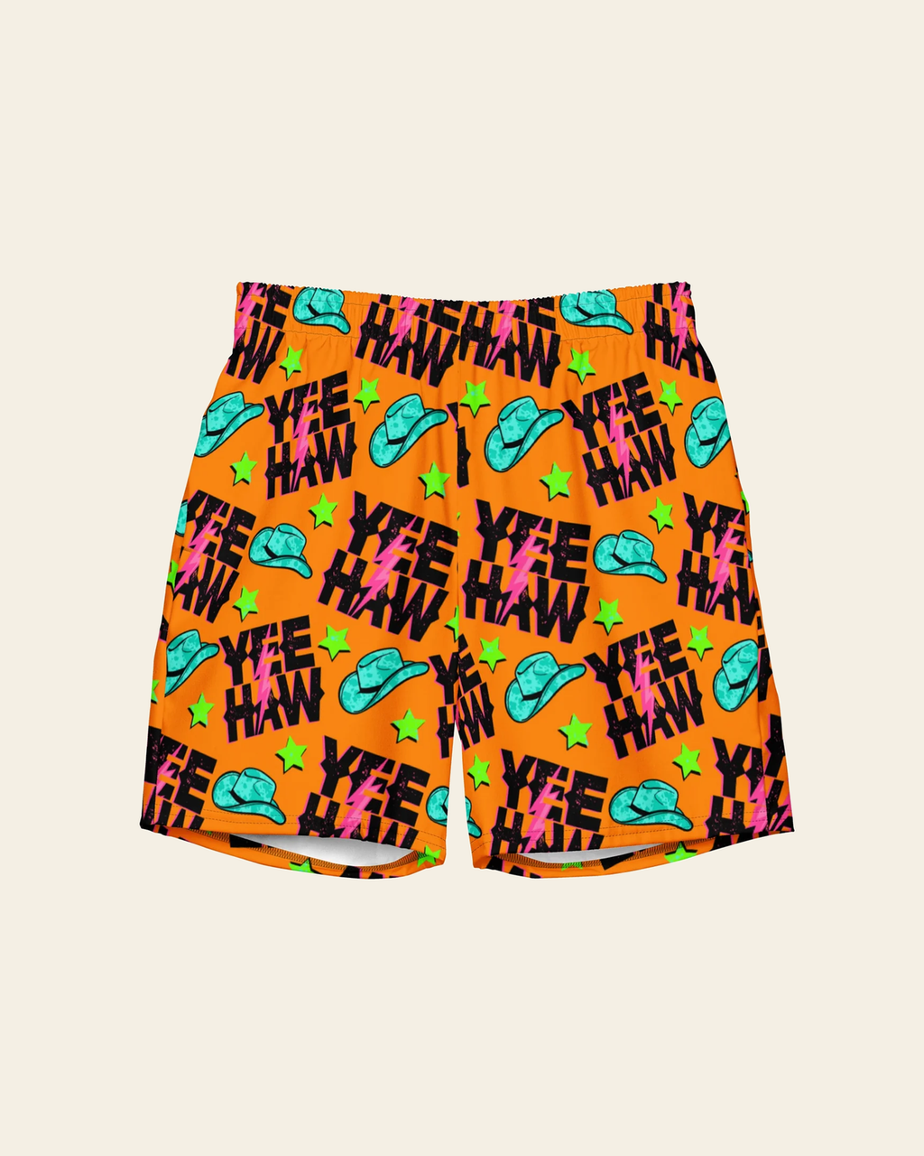 Baha Ranch Yeehaw Orange Men's Swim Trunks on a warm cream background
