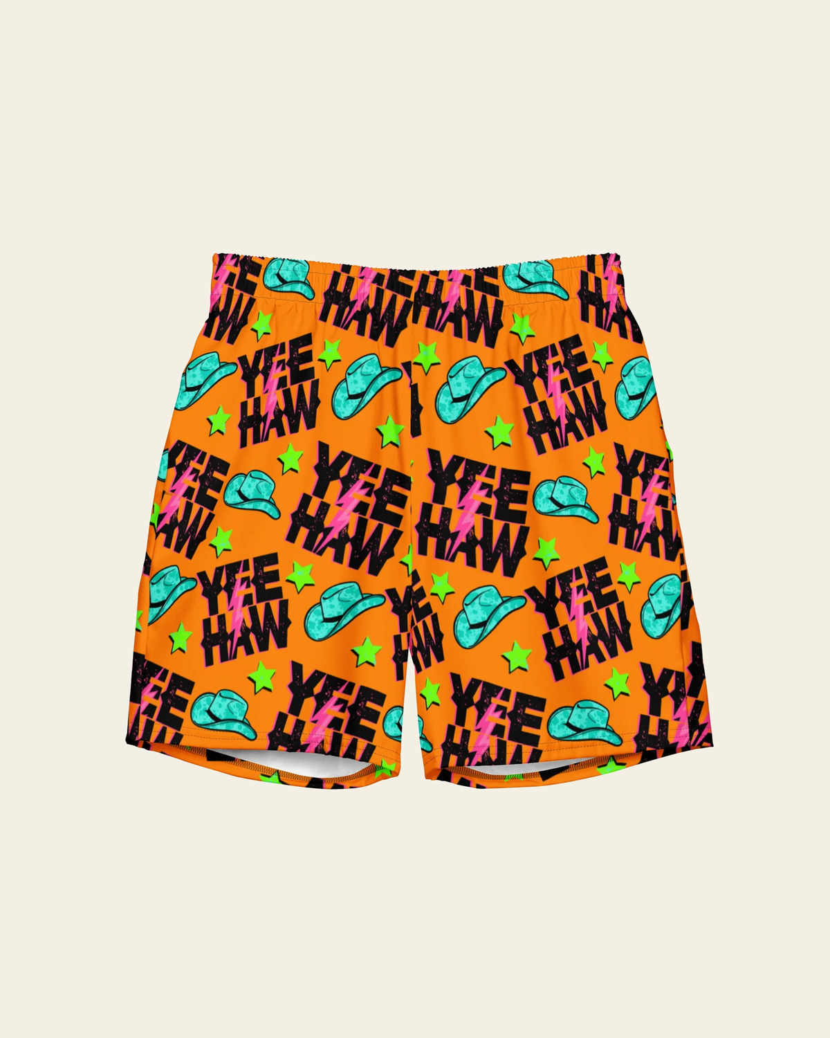 Baha Ranch Yeehaw Orange Men's Swim Trunks on a warm cream background
