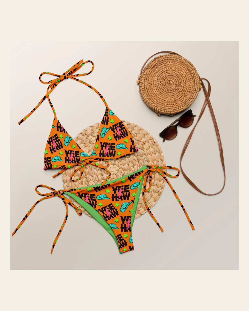 Baha Ranch Yeehaw Orange String Bikini on a warm cream background