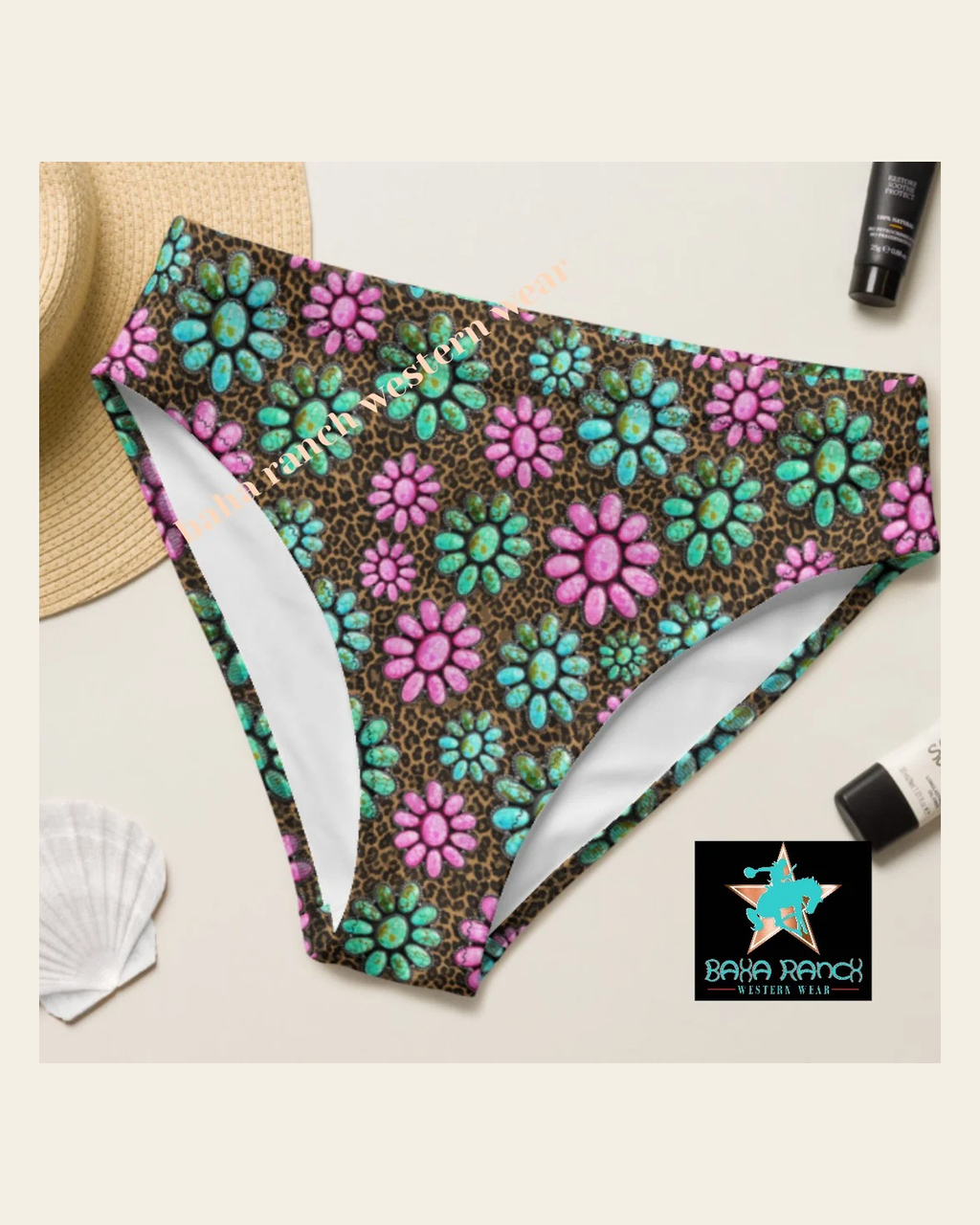 Baha Ranch Yeehaw Pink Turquoise Cowgirl Bikini Bottom on a warm cream background