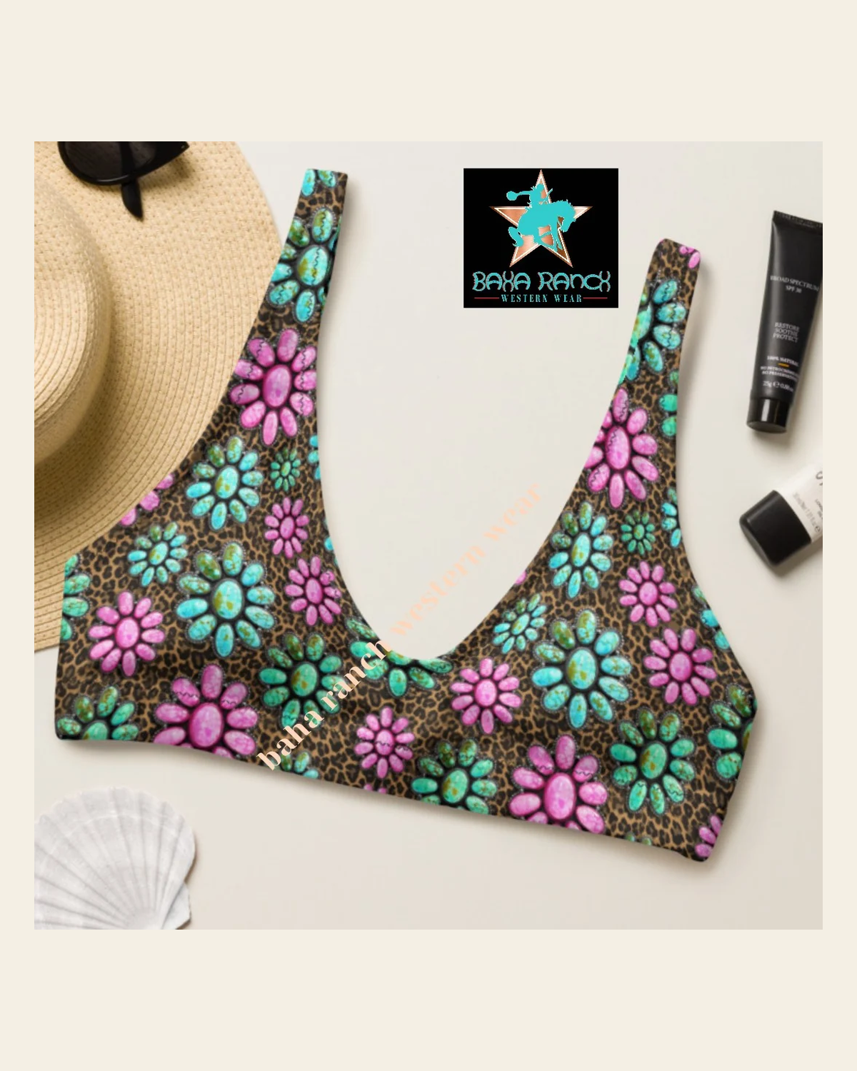 Baha Ranch Yeehaw Pink Turquoise Cowgirl Bikini Top on a warm cream background