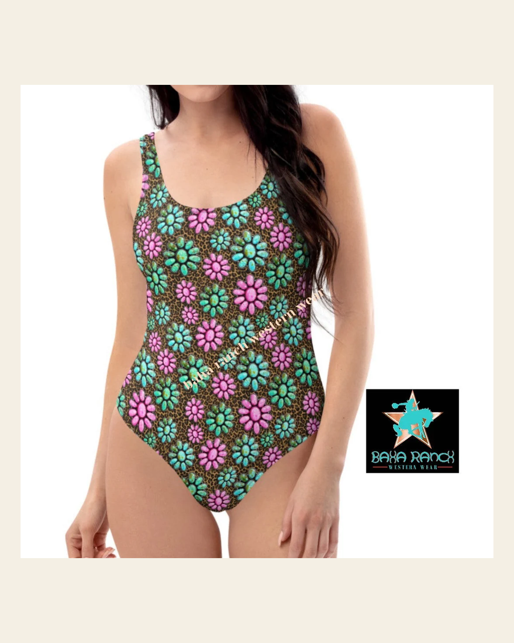 Baha Ranch Yeehaw Pink Turquoise Cowgirl One-Piece Swimsuit on a warm cream background