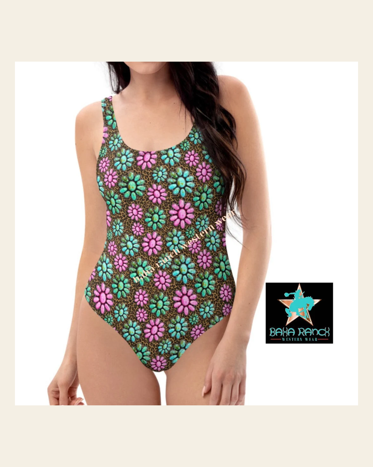 Baha Ranch Yeehaw Pink Turquoise Cowgirl One-Piece Swimsuit on a warm cream background