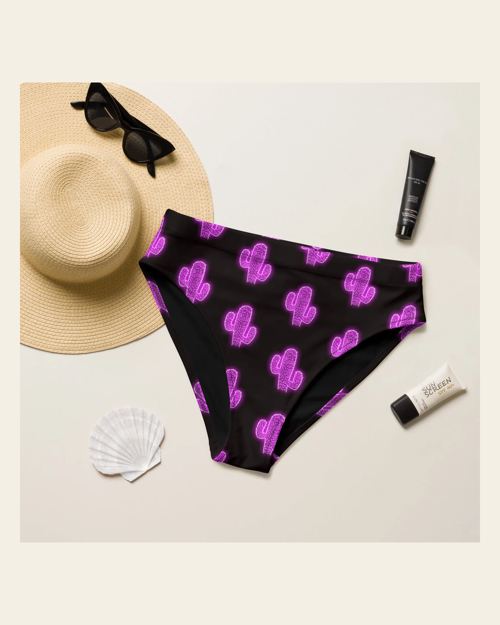 Baha Ranch Yeehaw Purple Neon Cactus Bikini Bottom on a warm cream background