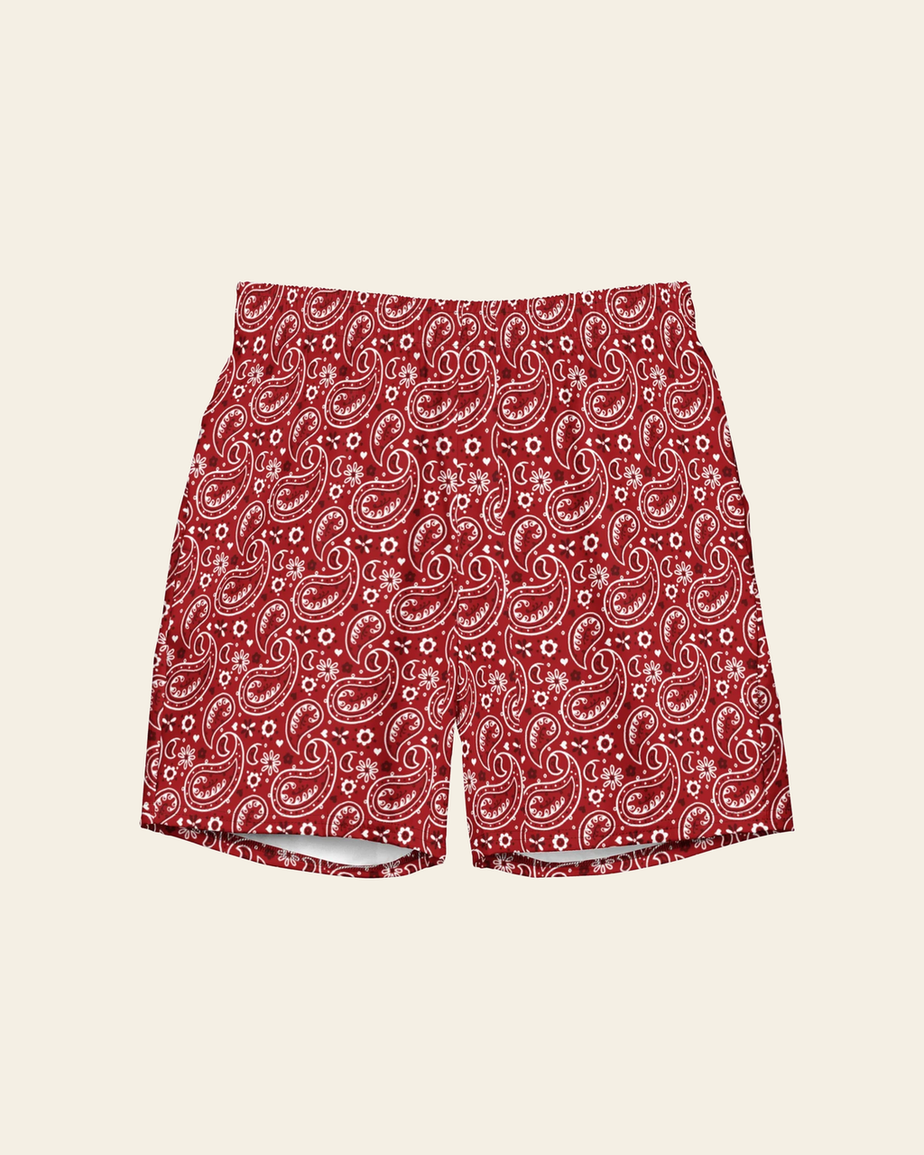 Baha Ranch Yeehaw Red Bandana Men's Swim Trunks on a warm cream background