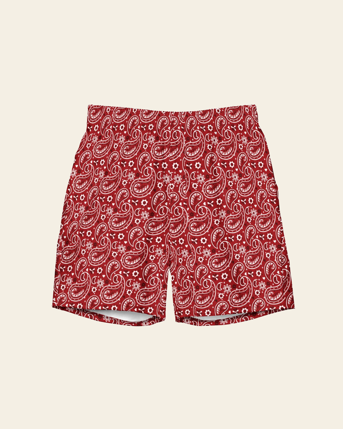 Baha Ranch Yeehaw Red Bandana Men's Swim Trunks on a warm cream background
