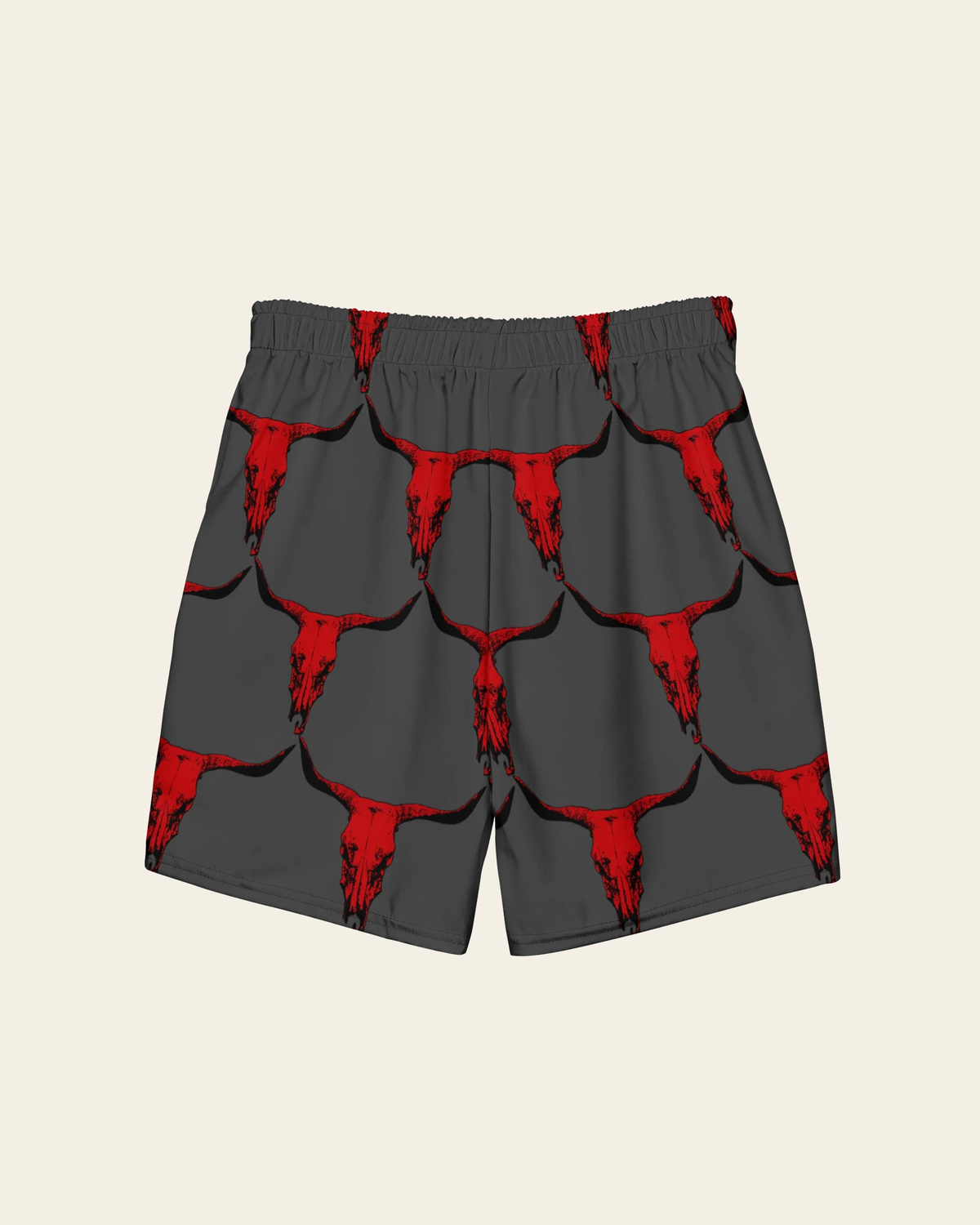 Baha Ranch Yeehaw Red Bull Skull Men's Swim Trunks on a warm cream background
