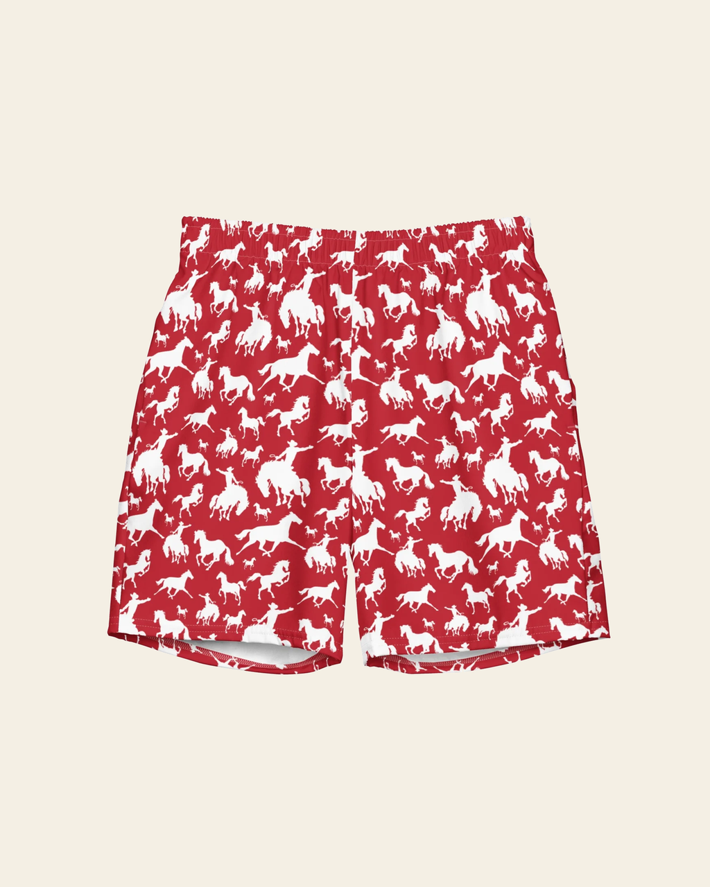 Baha Ranch Yeehaw Red Rodeo Cowboy Men's Swim Trunks on a warm cream background