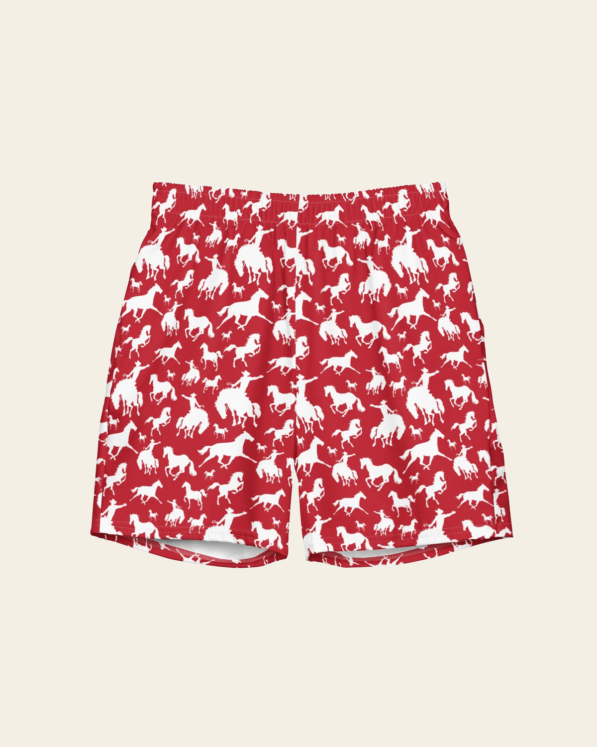 Baha Ranch Yeehaw Red Rodeo Cowboy Men's Swim Trunks on a warm cream background