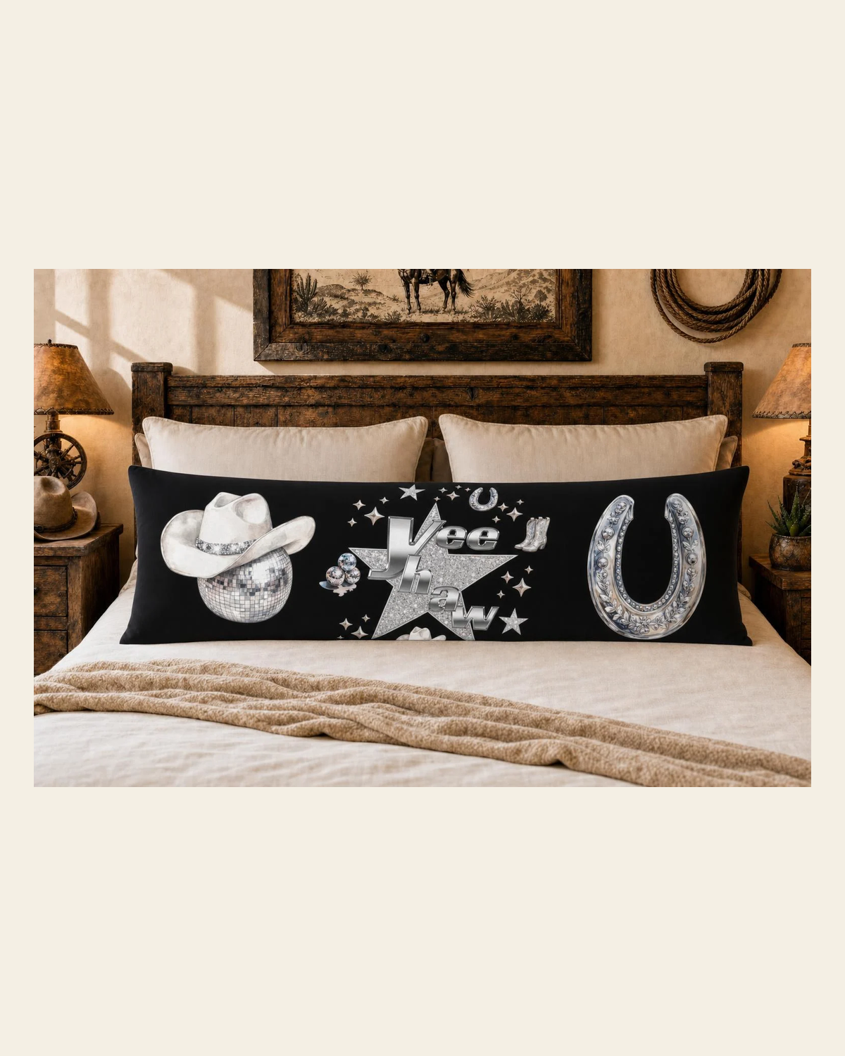 Baha Ranch Yeehaw Rhinestone Cowgirl Body Pillow Cover Made in America on a warm cream background