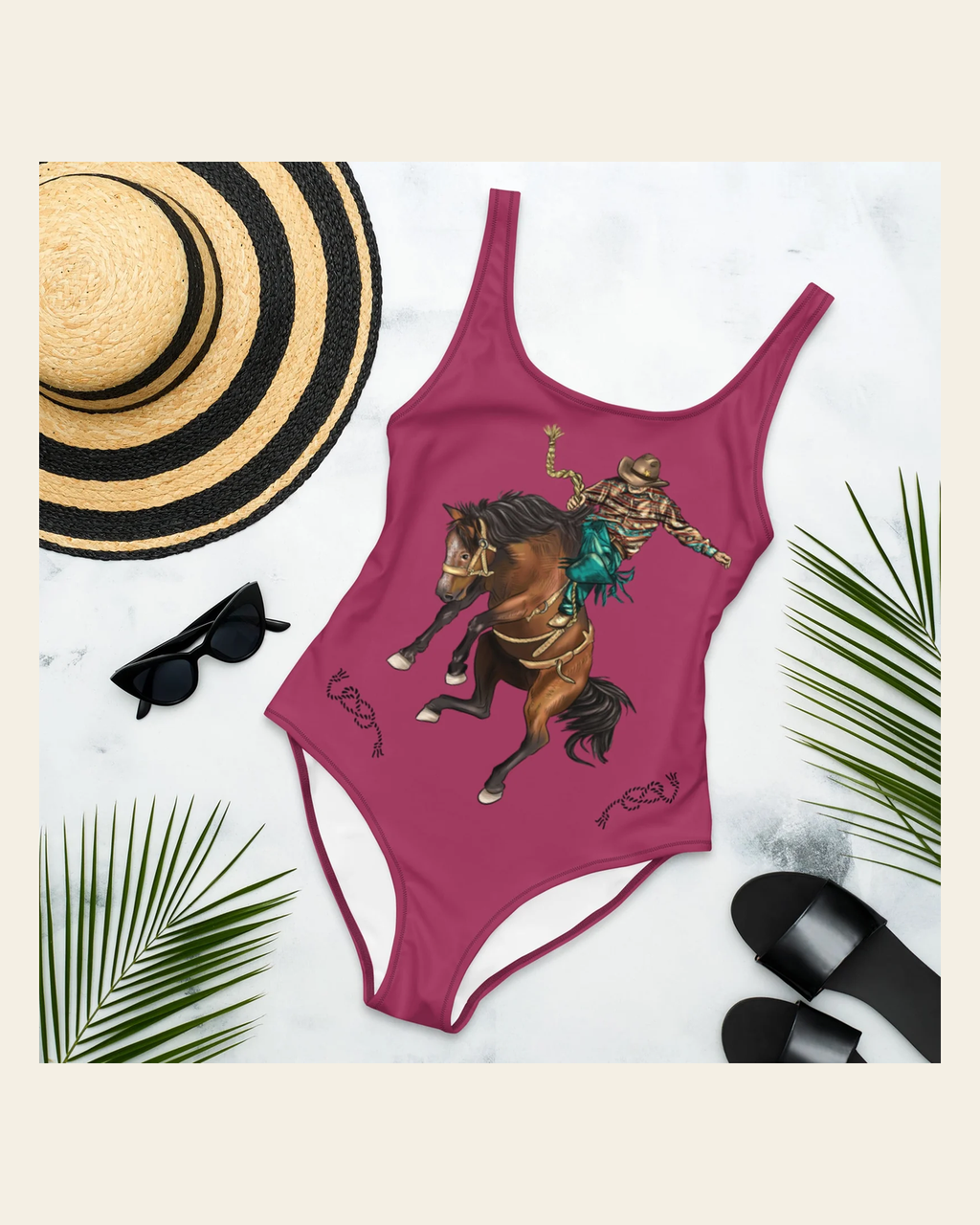 Baha Ranch Yeehaw Ride Cowboy Ride One-Piece Swimsuit on a warm cream background