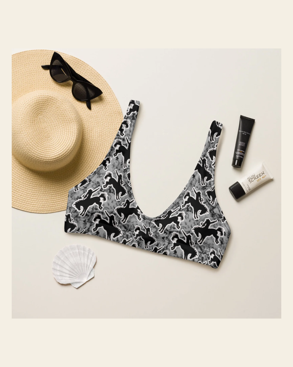 Baha Ranch Yeehaw Rodeo Bronc Bikini Top on a warm cream background