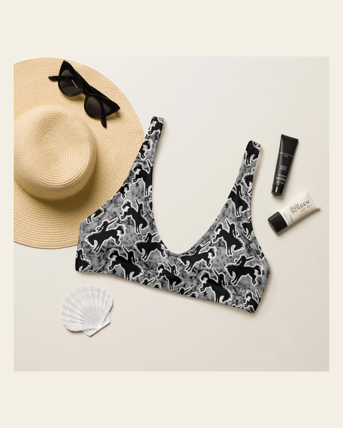 Baha Ranch Yeehaw Rodeo Bronc Bikini Top on a warm cream background