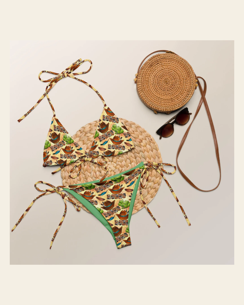 Baha Ranch Yeehaw Rodeo Fever String Bikini on a warm cream background