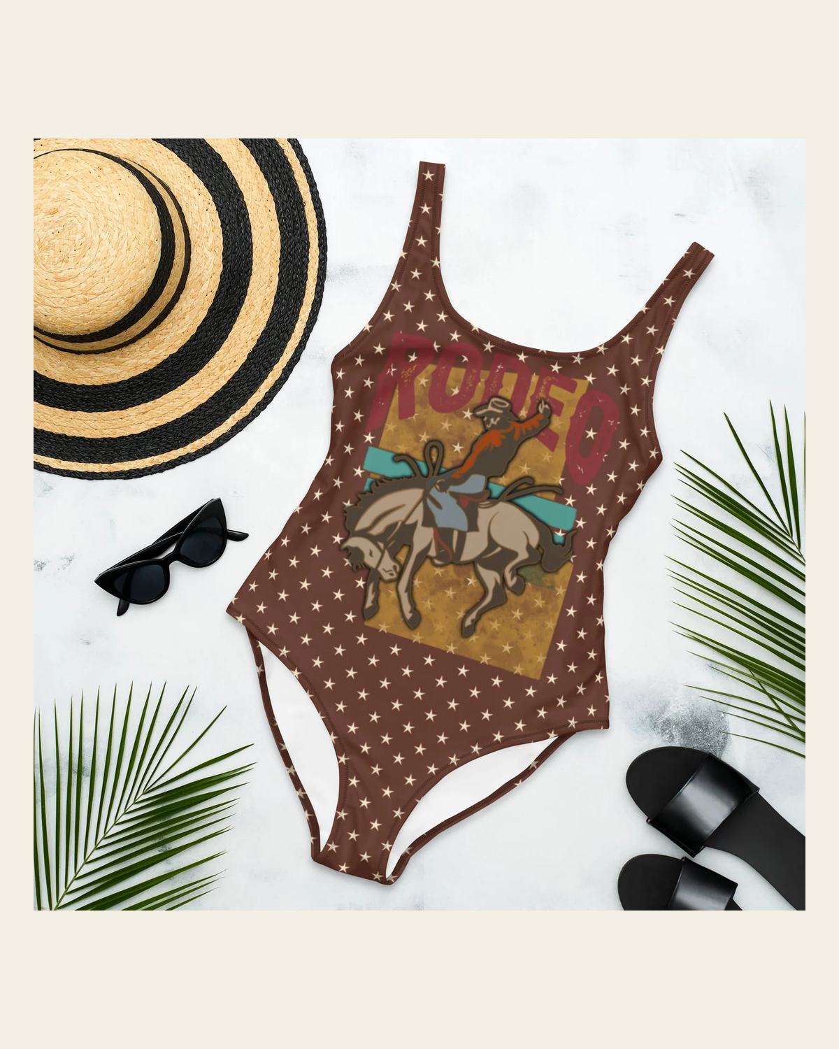 Baha Ranch Yeehaw Rodeo Stars One-Piece Swim Suit on a warm cream background