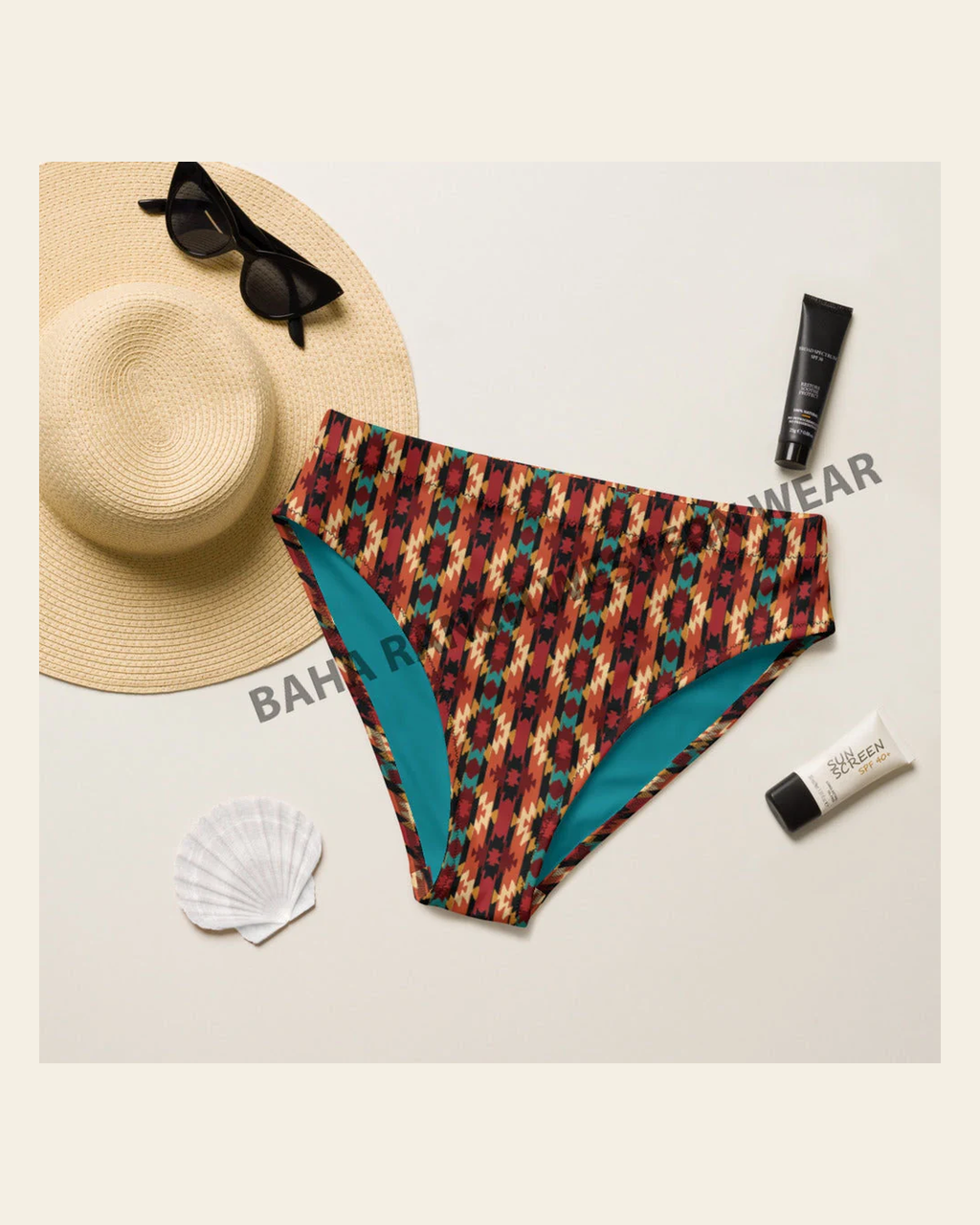 Baha Ranch Yeehaw Rust Aztec Bikini Bottom on a warm cream background