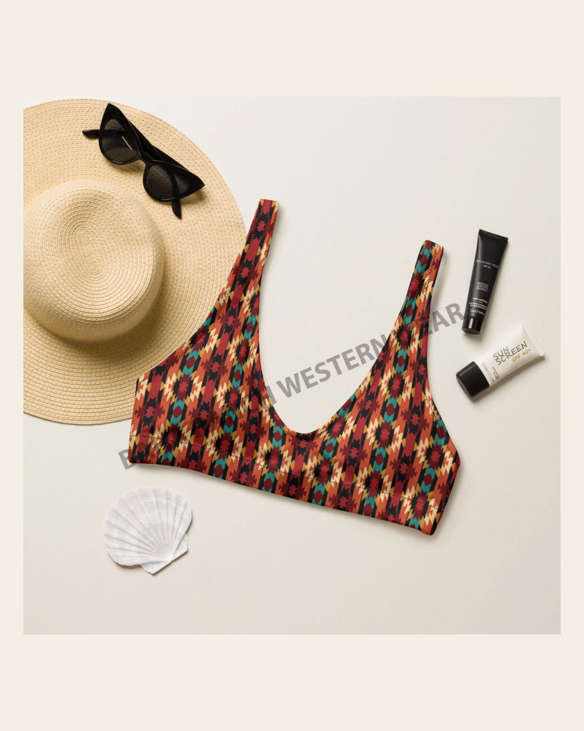Baha Ranch Yeehaw Rust Aztec Bikini Top on a warm cream background
