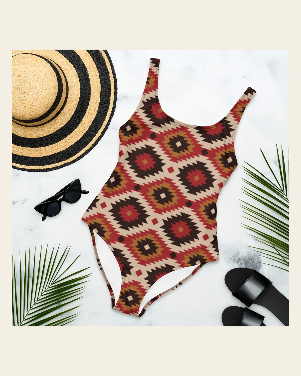 Baha Ranch Yeehaw Rust Aztec One-Piece Swimsuit on a warm cream background