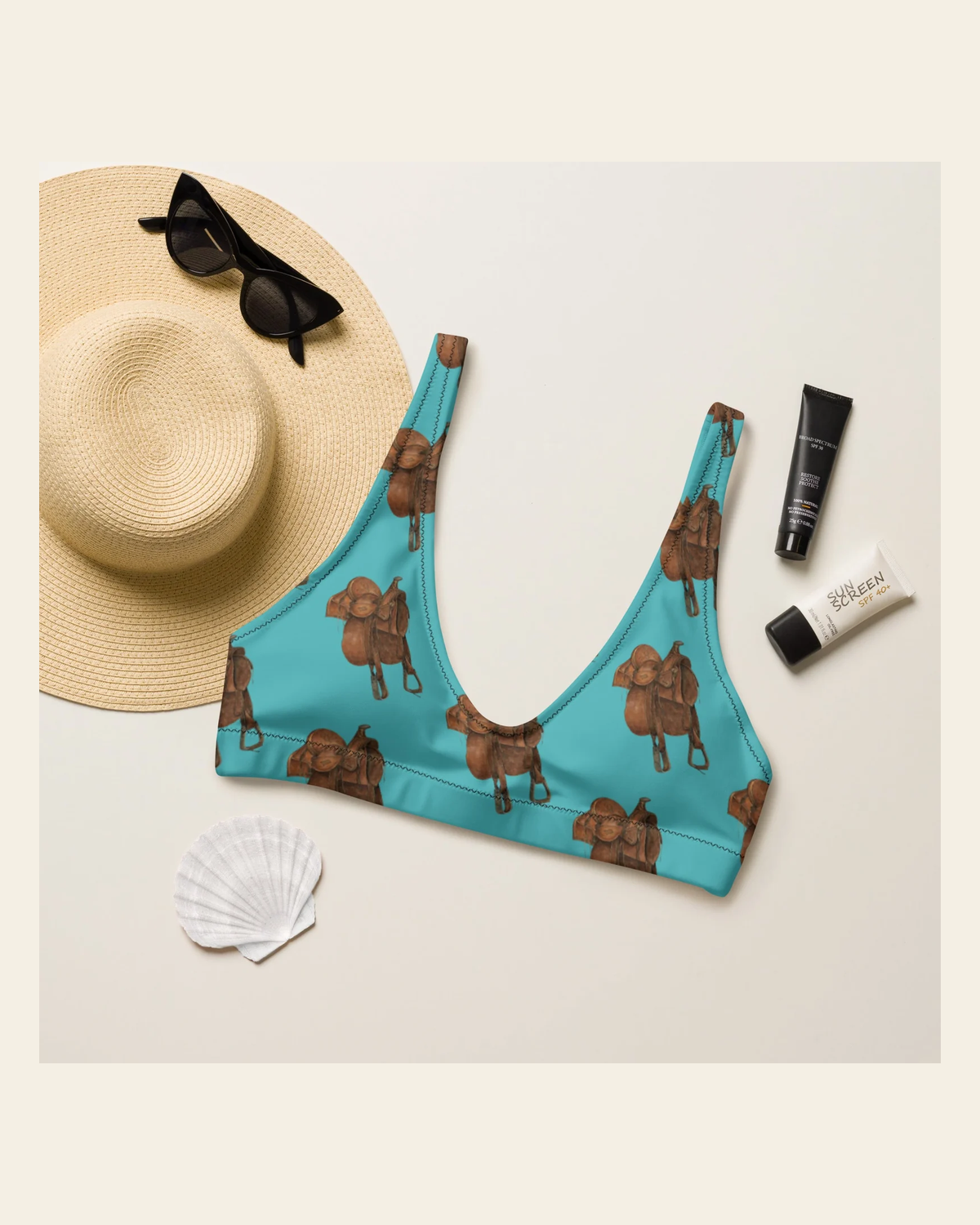 Baha Ranch Yeehaw Saddle Up Bikini Top on a warm cream background