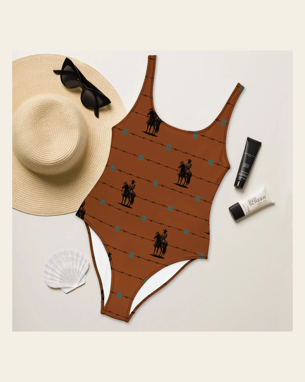 Baha Ranch Yeehaw Saddle Up One-Piece Swimsuit on a warm cream background