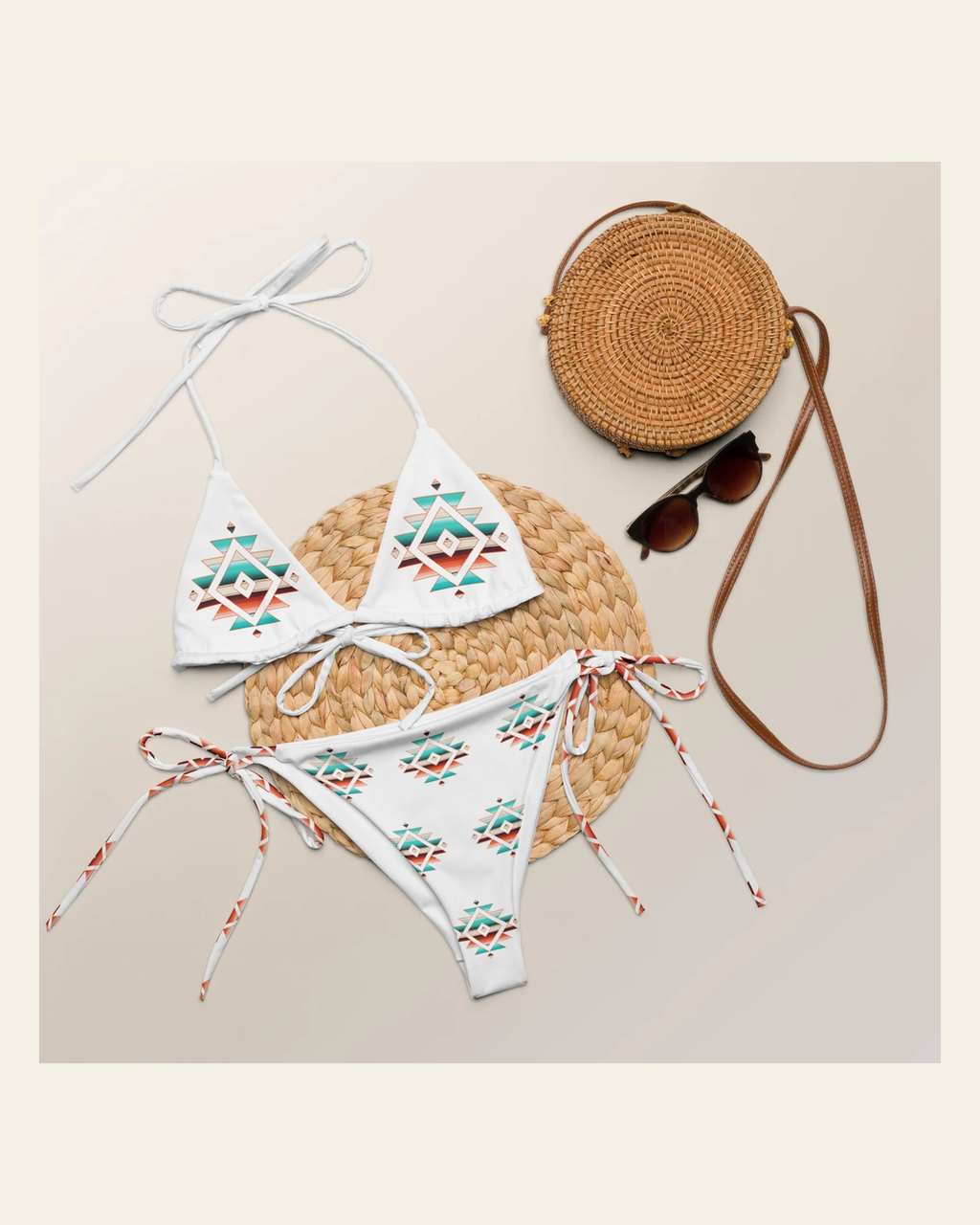 Baha Ranch Yeehaw Sedona Aztec String Bikini on a warm cream background
