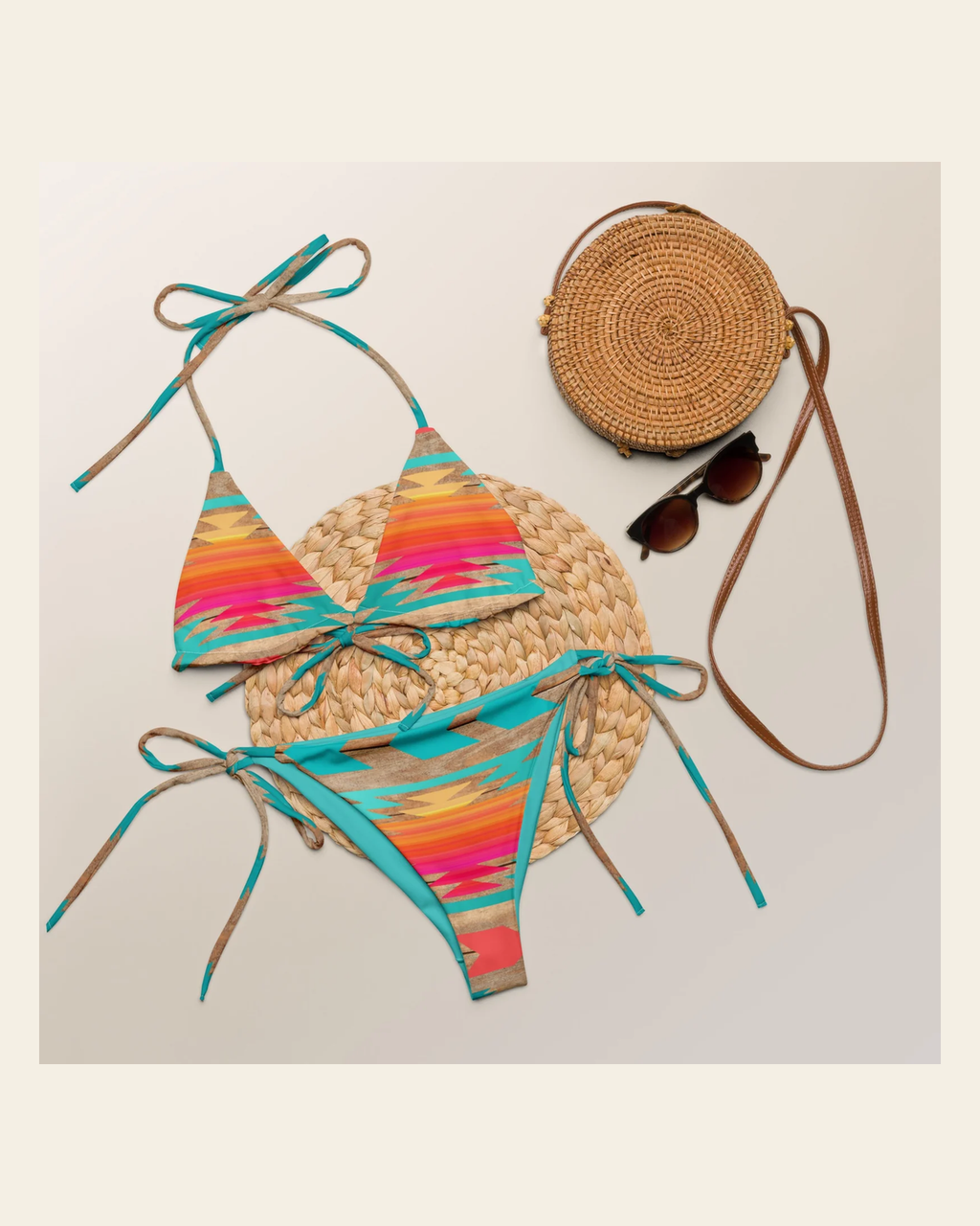 Baha Ranch Yeehaw Southwest Aztec String Bikini on a warm cream background