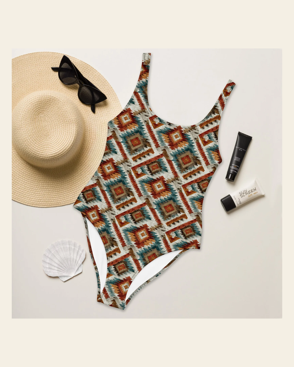 Baha Ranch Yeehaw Southwest Diamond One-Piece Swimsuit on a warm cream background