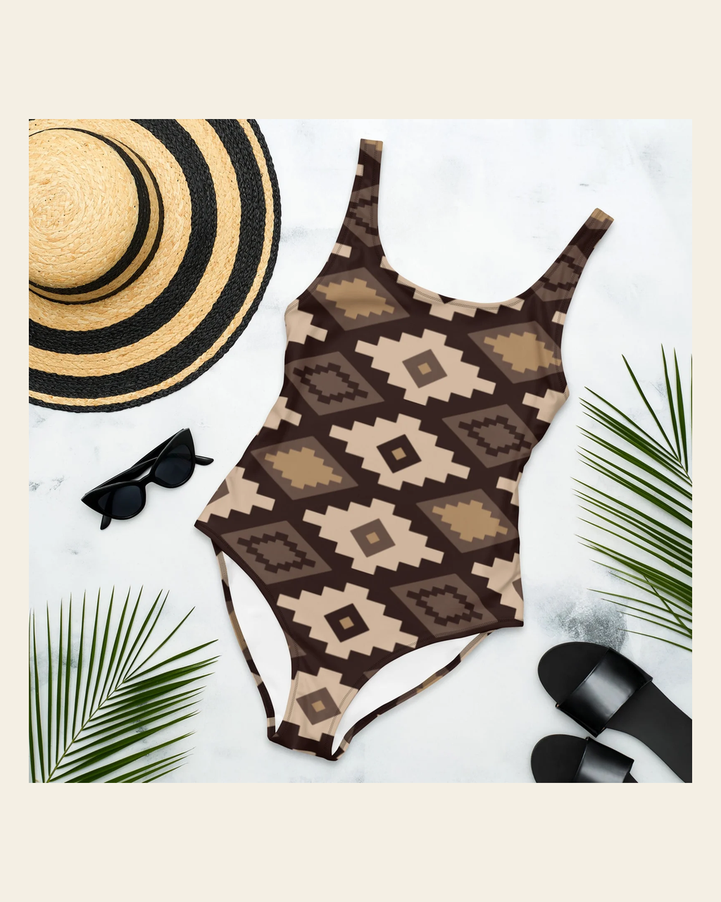 Baha Ranch Yeehaw Southwestern Earth One-Piece Swimsuit on a warm cream background