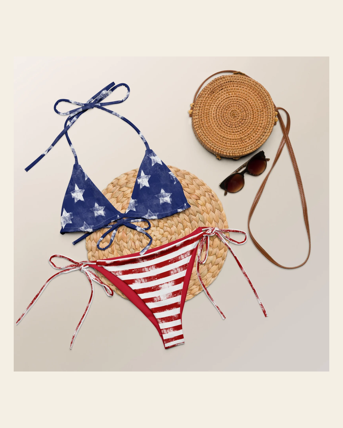 Baha Ranch Yeehaw Stars & Stripes String Bikini on a warm cream background