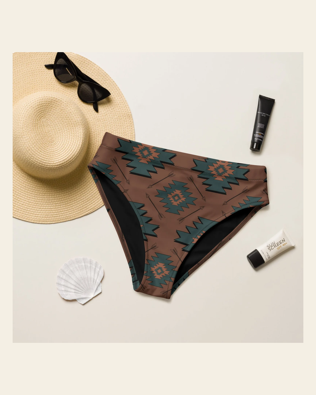 Baha Ranch Yeehaw Teal Aztec Bikini Bottom on a warm cream background