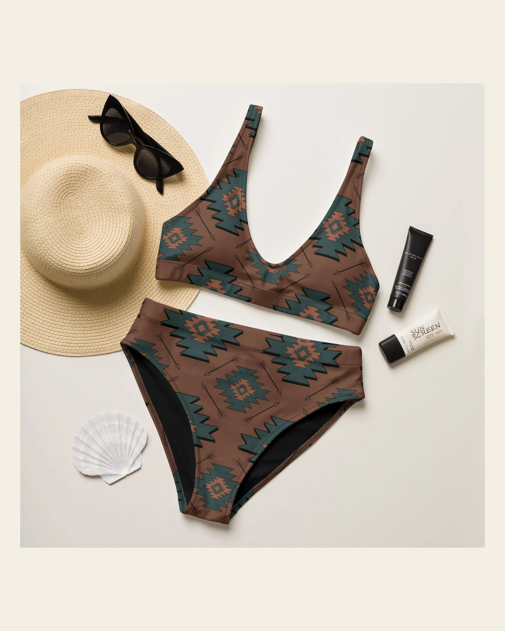 Baha Ranch Yeehaw Teal Aztec Bikini on a warm cream background