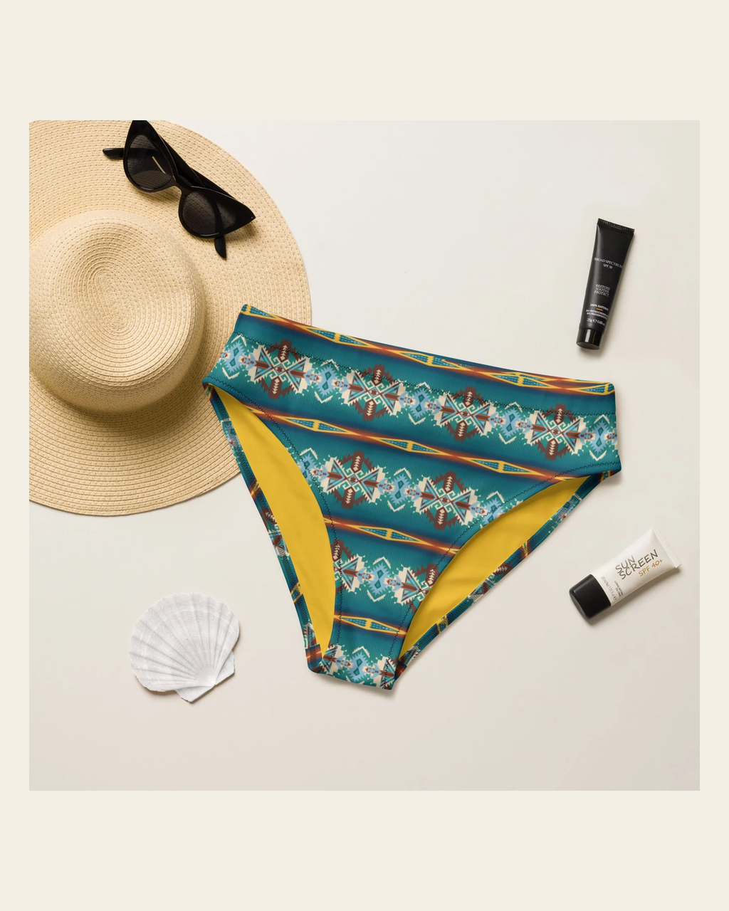 Baha Ranch Yeehaw Teal Aztec Blanket Print Bikini Bottom on a warm cream background