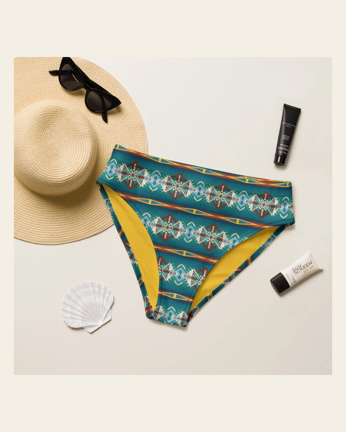Baha Ranch Yeehaw Teal Aztec Blanket Print Bikini Bottom on a warm cream background
