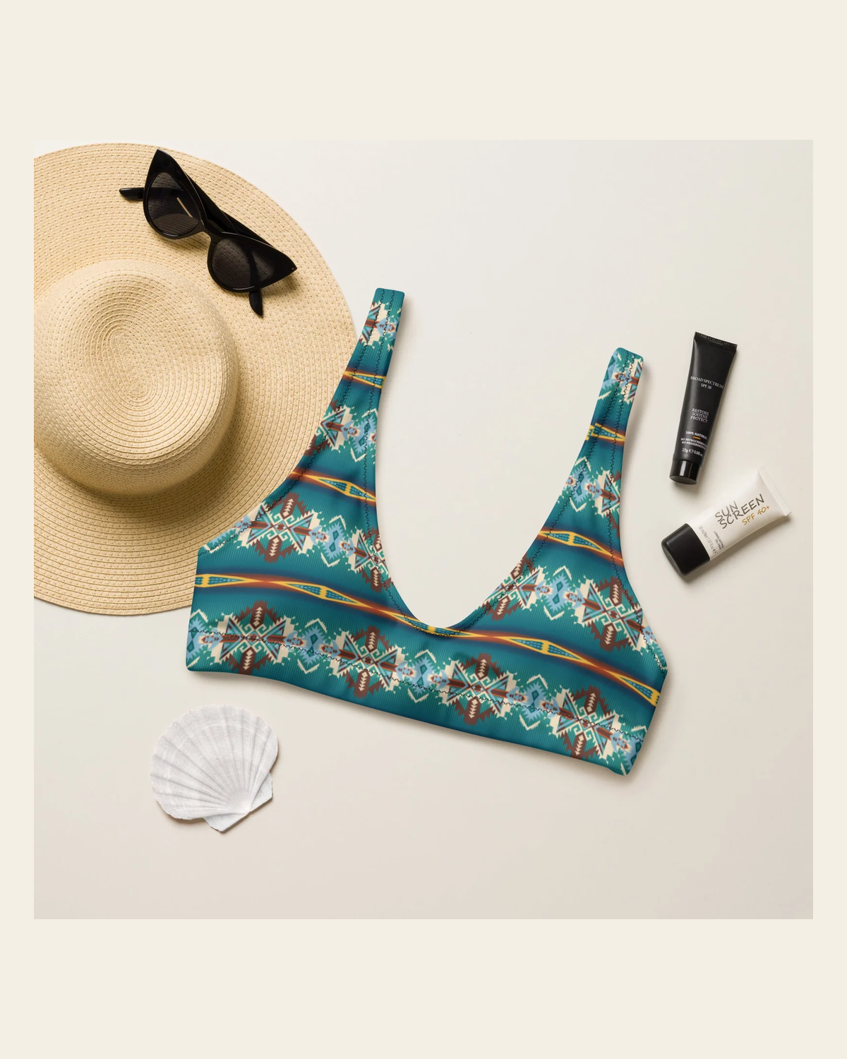 Baha Ranch Yeehaw Teal Aztec Blanket Print Bikini Top on a warm cream background