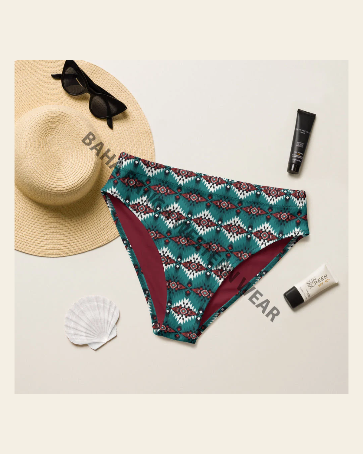 Baha Ranch Yeehaw Teal Burgandy Bikini Bottom on a warm cream background