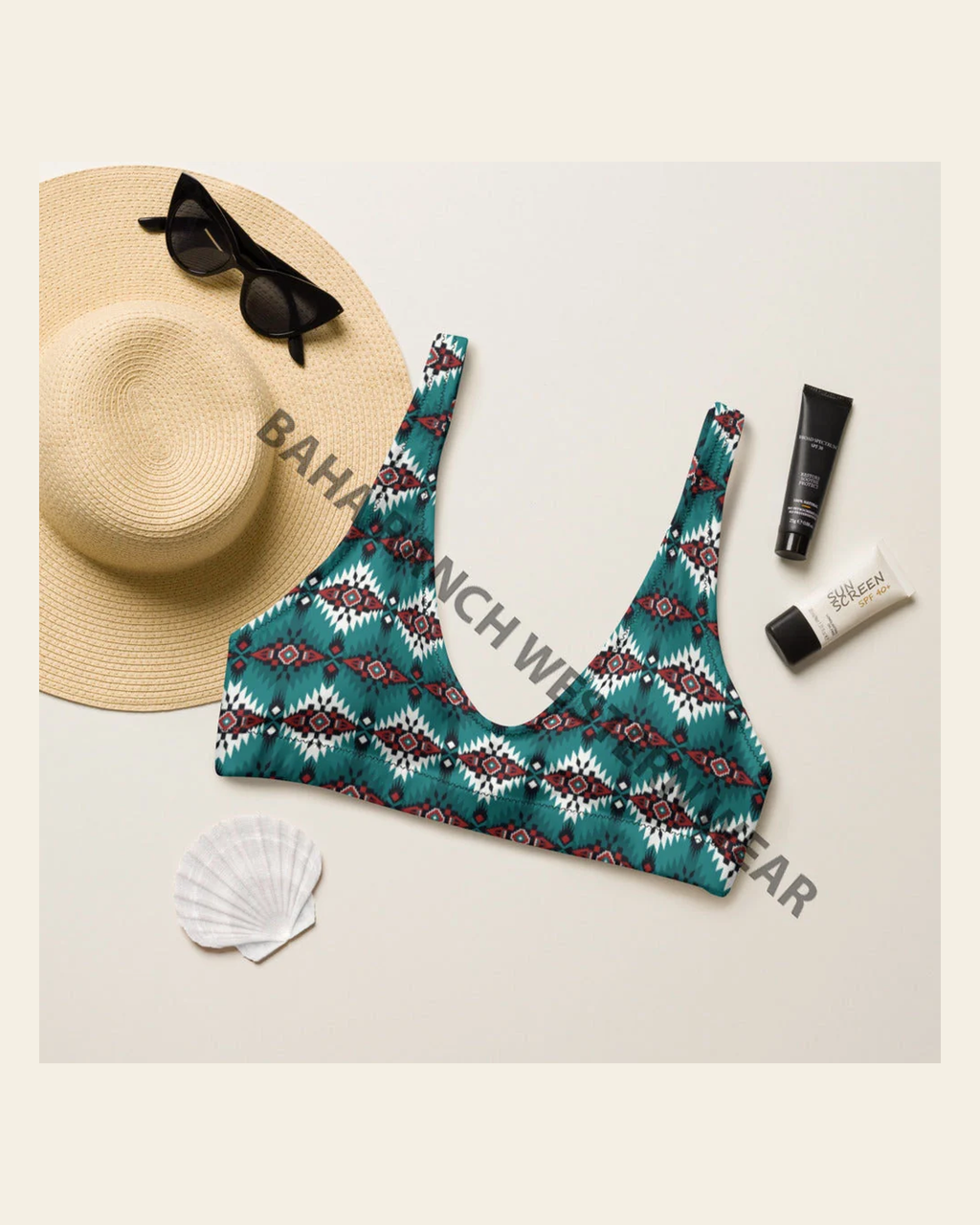 Baha Ranch Yeehaw Teal Burgandy Bikini Top on a warm cream background